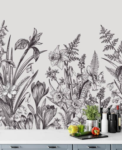 Schwarz-Weiß-Blumen-Tapete