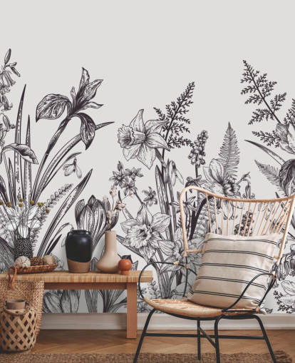 black and white floral illustration wallpaper