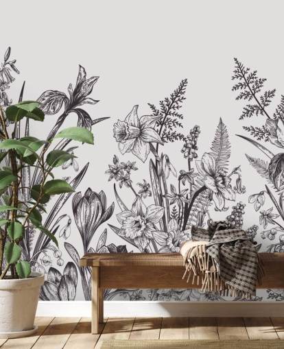 papier peint illustration florale noir et blanc
