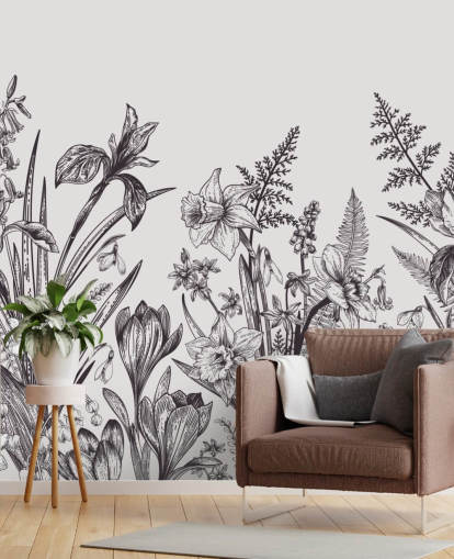 black and white floral illustration wallpaper