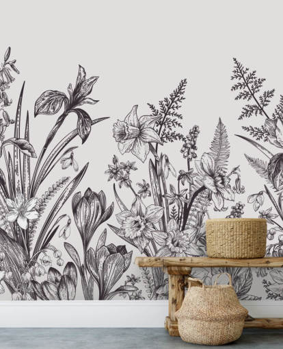 papier peint illustration florale noir et blanc