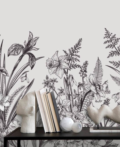 zwart-wit bloemenillustratie behang zwart-wit bloemenillustratie behang