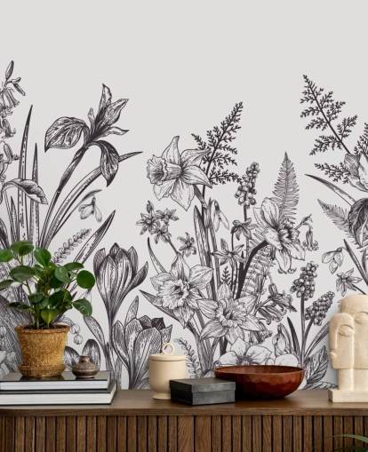 Schwarz-Weiß-Blumen-Tapete Schwarz-Weiß-Blumen-Tapete