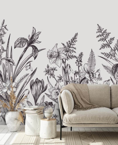 papel tapiz de ilustración floral en blanco y negro