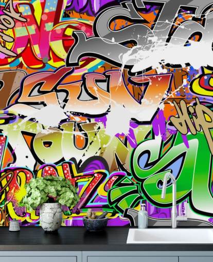 Buntes Graffiti-Tapeten-Wandbild namens Urban Graffiti Art für Schlafzimmer Buntes Graffiti-Tapeten-Wandbild namens Urban Graffiti Art für Schlafzimmer