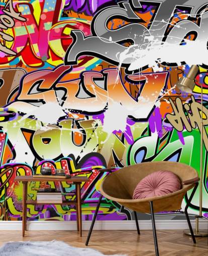 värikäs graffiti-taustakuvamaalaus nimeltä Urban Graffiti Art makuuhuoneisiin värikäs graffiti-taustakuvamaalaus nimeltä Urban Graffiti Art makuuhuoneisiin