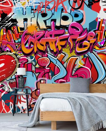 mural colorido de papel de parede de grafite personalizado chamado Hip Hop Graffiti para quarto de adolescente