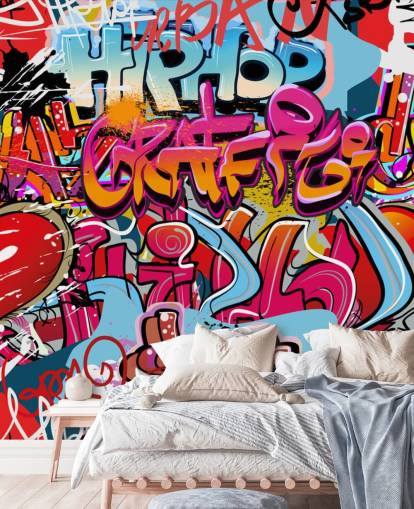 färgglad anpassad graffiti tapetväggmålning kallad Hip Hop Graffiti för tonåringens sovrum
