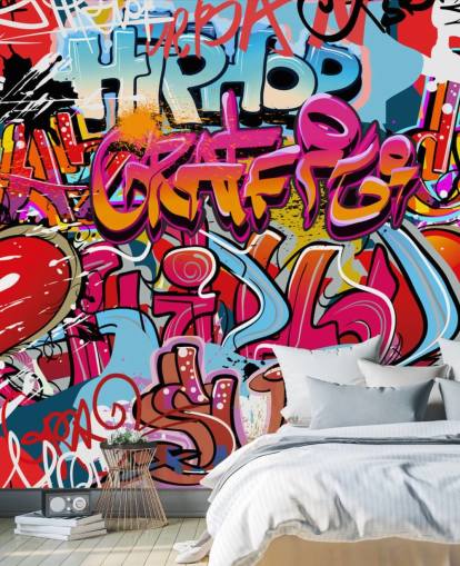 kleurrijke op maat gemaakte graffitibehangmuurschildering genaamd Hip Hop Graffiti voor de tienerkamer