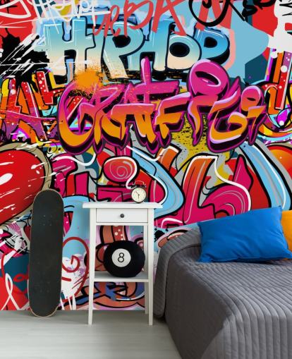 färgglad anpassad graffiti tapetväggmålning kallad Hip Hop Graffiti för tonåringens sovrum färgglad anpassad graffiti tapetväggmålning kallad Hip Hop Graffiti för tonåringens sovrum