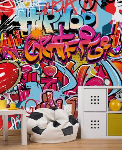 kleurrijke op maat gemaakte graffitibehangmuurschildering genaamd Hip Hop Graffiti voor de tienerkamer