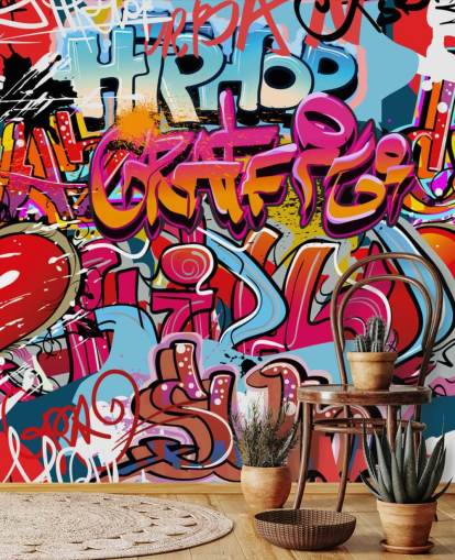 färgglad anpassad graffiti tapetväggmålning kallad Hip Hop Graffiti för tonåringens sovrum