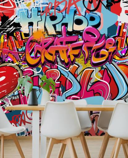 farverigt brugerdefineret graffiti tapetmaleri kaldet Hip Hop Graffiti til teenagerens soveværelse