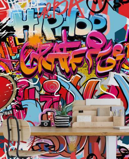 kleurrijke op maat gemaakte graffitibehangmuurschildering genaamd Hip Hop Graffiti voor de tienerkamer kleurrijke op maat gemaakte graffitibehangmuurschildering genaamd Hip Hop Graffiti voor de tienerkamer