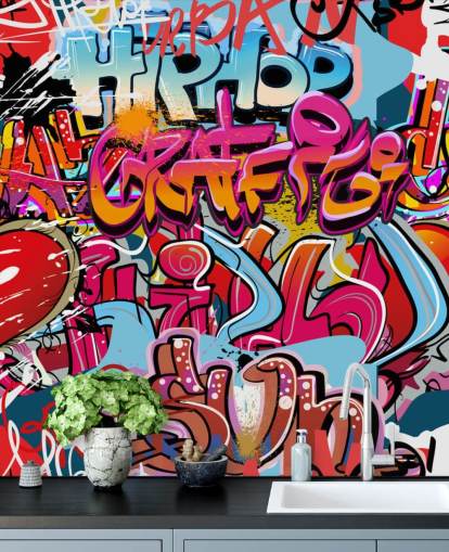 colorido mural de papel pintado personalizado llamado Hip Hop Graffiti para dormitorio de adolescentes