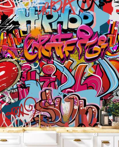 colorido mural de papel pintado personalizado llamado Hip Hop Graffiti para dormitorio de adolescentes