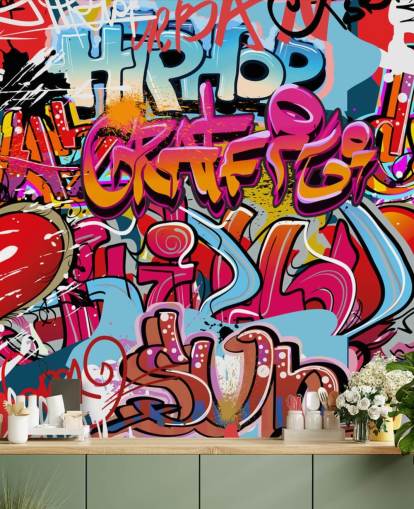 colorful custom graffiti wallpaper mural called Hip Hop Graffiti for teen's bedroom