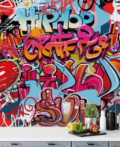 colorful custom graffiti wallpaper mural called Hip Hop Graffiti for teen's bedroom