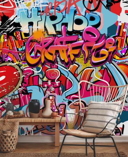 colorful custom graffiti wallpaper mural called Hip Hop Graffiti for teen's bedroom