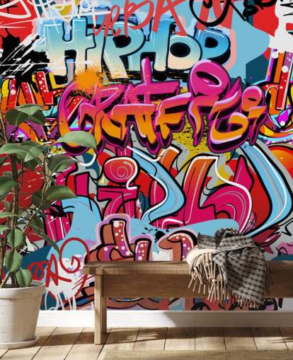 värikäs mukautettu graffiti-taustakuvamaalaus nimeltä Hip Hop Graffiti teini-ikäisten makuuhuoneeseen värikäs mukautettu graffiti-taustakuvamaalaus nimeltä Hip Hop Graffiti teini-ikäisten makuuhuoneeseen