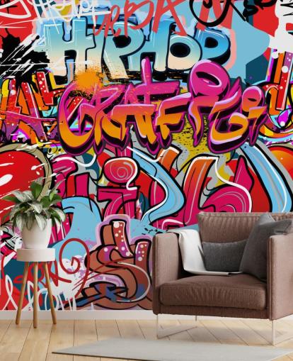 fargerikt tilpasset graffiti tapet veggmaleri kalt Hip Hop Graffiti for tenåringens soverom fargerikt tilpasset graffiti tapet veggmaleri kalt Hip Hop Graffiti for tenåringens soverom