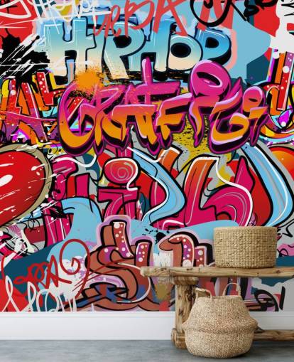 kleurrijke op maat gemaakte graffitibehangmuurschildering genaamd Hip Hop Graffiti voor de tienerkamer