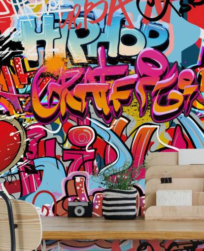färgglad anpassad graffiti tapetväggmålning kallad Hip Hop Graffiti för tonåringens sovrum färgglad anpassad graffiti tapetväggmålning kallad Hip Hop Graffiti för tonåringens sovrum