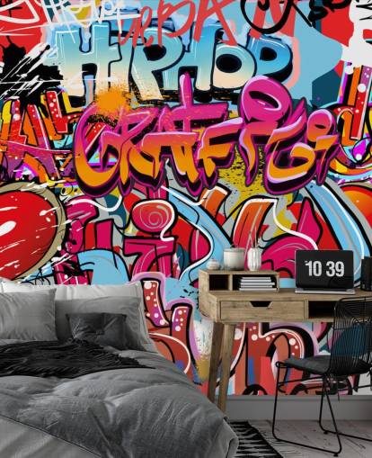 colorido mural de papel pintado personalizado llamado Hip Hop Graffiti para dormitorio de adolescentes