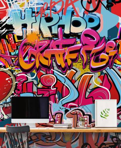 farverigt brugerdefineret graffiti tapetmaleri kaldet Hip Hop Graffiti til teenagerens soveværelse
