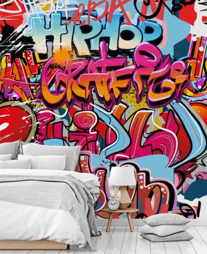 colorido mural de papel pintado personalizado llamado Hip Hop Graffiti para dormitorio de adolescentes