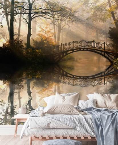 customizable autumn lake wall mural called Old Bridge in Autumn
