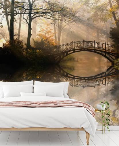 customizable autumn lake wall mural called Old Bridge in Autumn