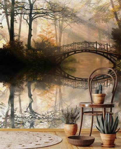 mural de parede de lago de outono personalizável chamado Old Bridge in Autumn mural de parede de lago de outono personalizável chamado Old Bridge in Autumn
