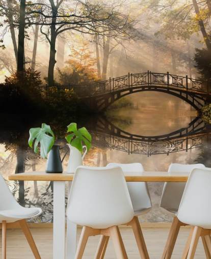 mural de pared personalizable de un lago otoñal llamado Puente Viejo en otoño