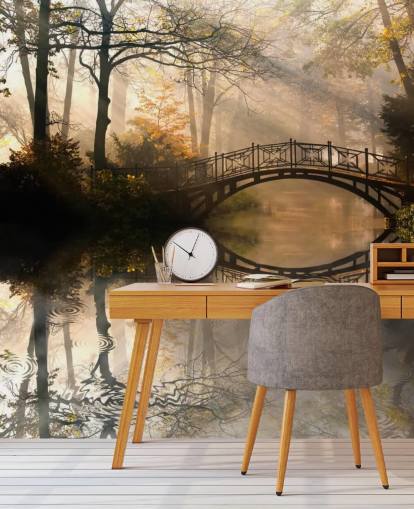 aanpasbare muurschildering van het herfstmeer genaamd Old Bridge in Autumn