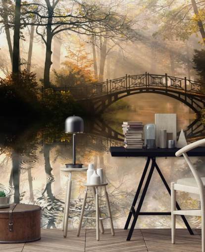 peinture murale personnalisable sur le lac d'automne appelée Old Bridge in Autumn