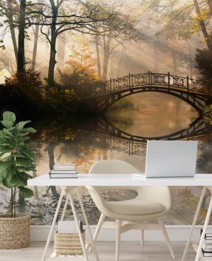 murale personalizzabile con lago autunnale chiamato Old Bridge in Autumn