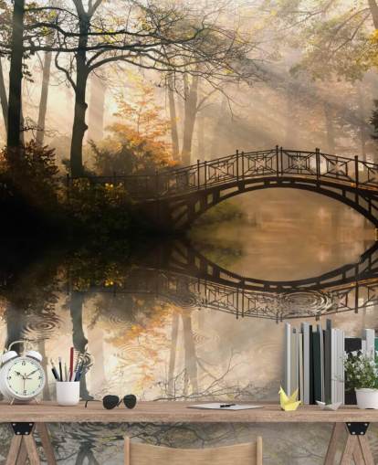 customizable autumn lake wall mural called Old Bridge in Autumn