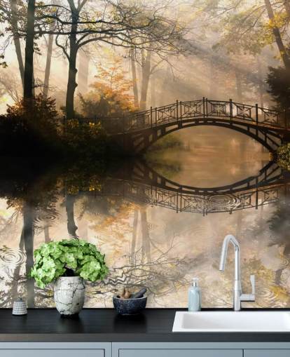 mural de parede de lago de outono personalizável chamado Old Bridge in Autumn