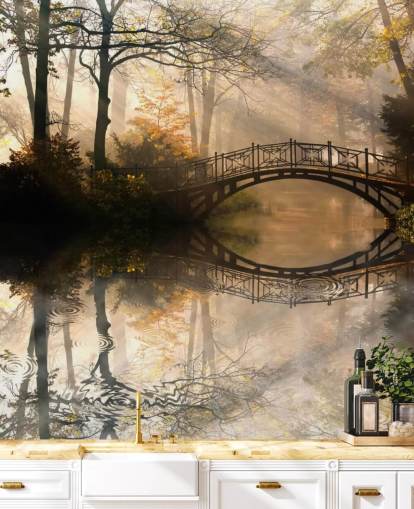 murale personalizzabile con lago autunnale chiamato Old Bridge in Autumn