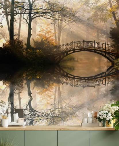 mural de pared personalizable de un lago otoñal llamado Puente Viejo en otoño