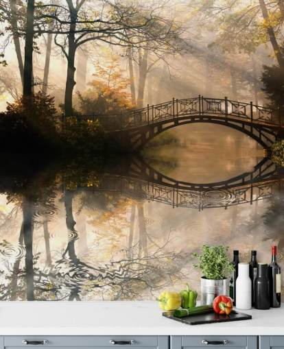 aanpasbare muurschildering van het herfstmeer genaamd Old Bridge in Autumn aanpasbare muurschildering van het herfstmeer genaamd Old Bridge in Autumn