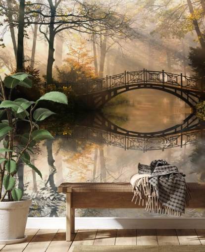 customizable autumn lake wall mural called Old Bridge in Autumn