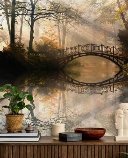personalisierbares Herbstsee-Wandbild mit dem Titel Alte Brücke im Herbst
