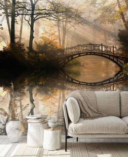 mural de pared personalizable de un lago otoñal llamado Puente Viejo en otoño