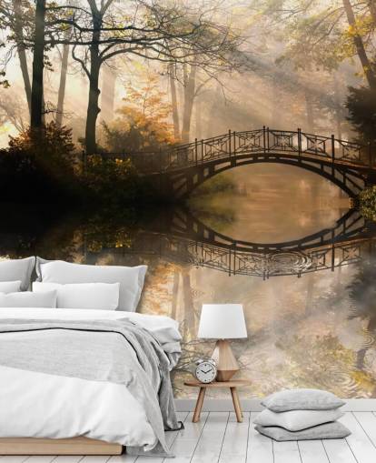 mural de pared personalizable de un lago otoñal llamado Puente Viejo en otoño