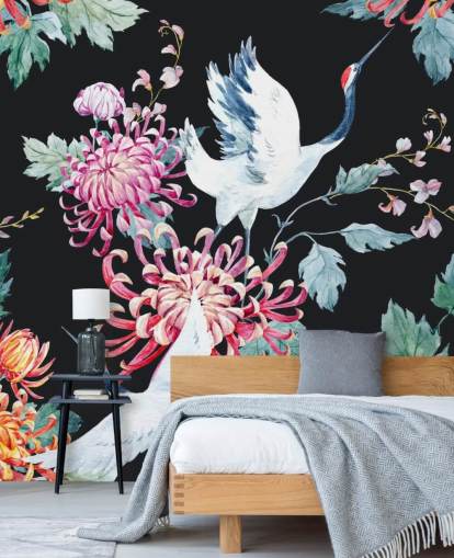 white japanese cranes and dark floral wallpaper