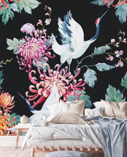 white japanese cranes and dark floral wallpaper