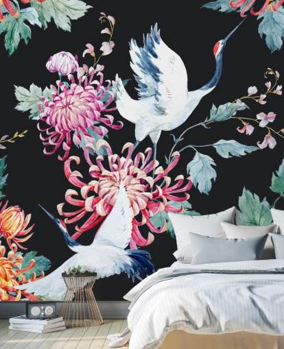 white japanese cranes and dark floral wallpaper