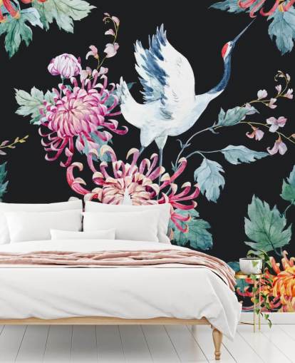 grullas japonesas blancas y papel pintado floral oscuro grullas japonesas blancas y papel pintado floral oscuro
